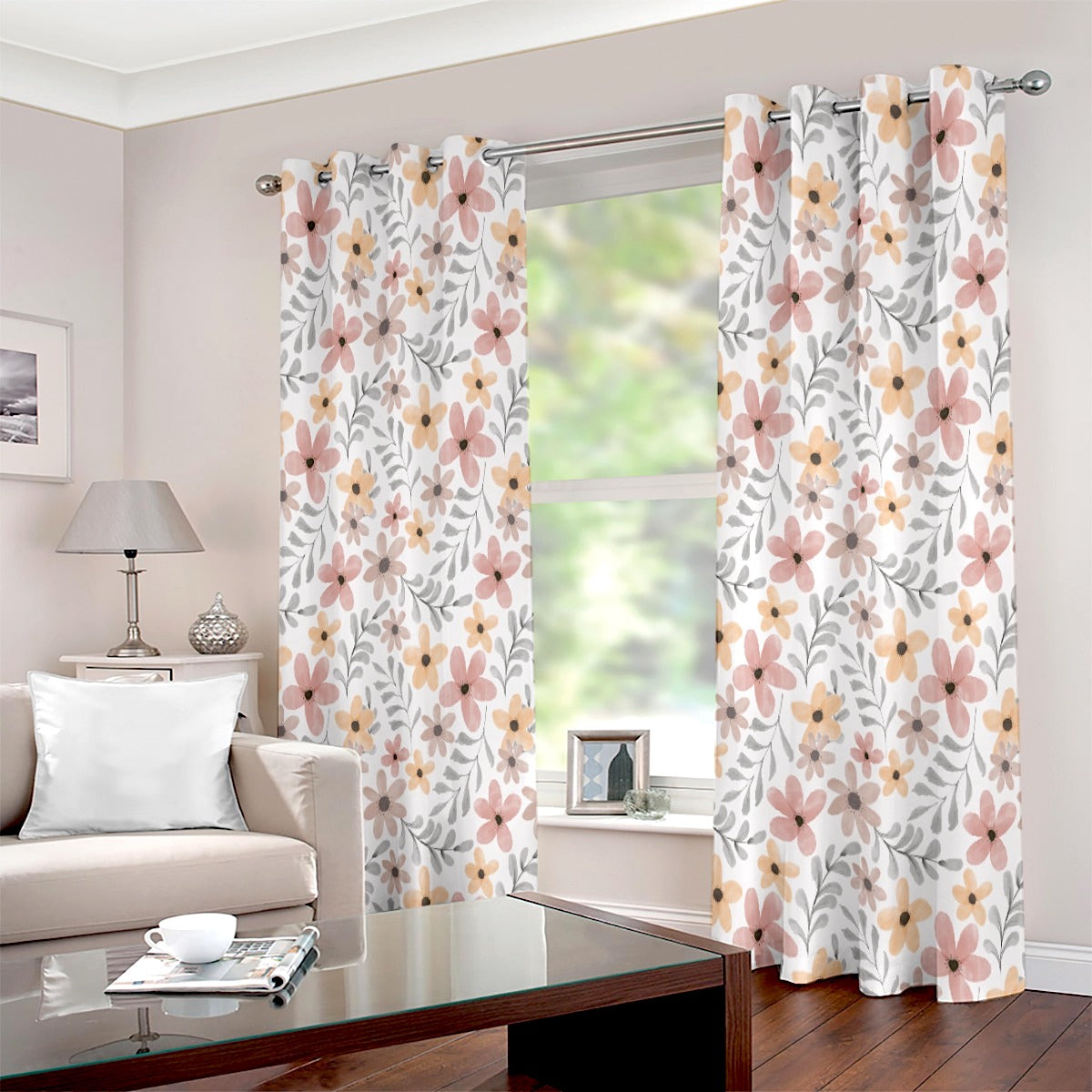 Water Colour Floral Leaf Pastel Colour Eyelet Curtain - Adore India   