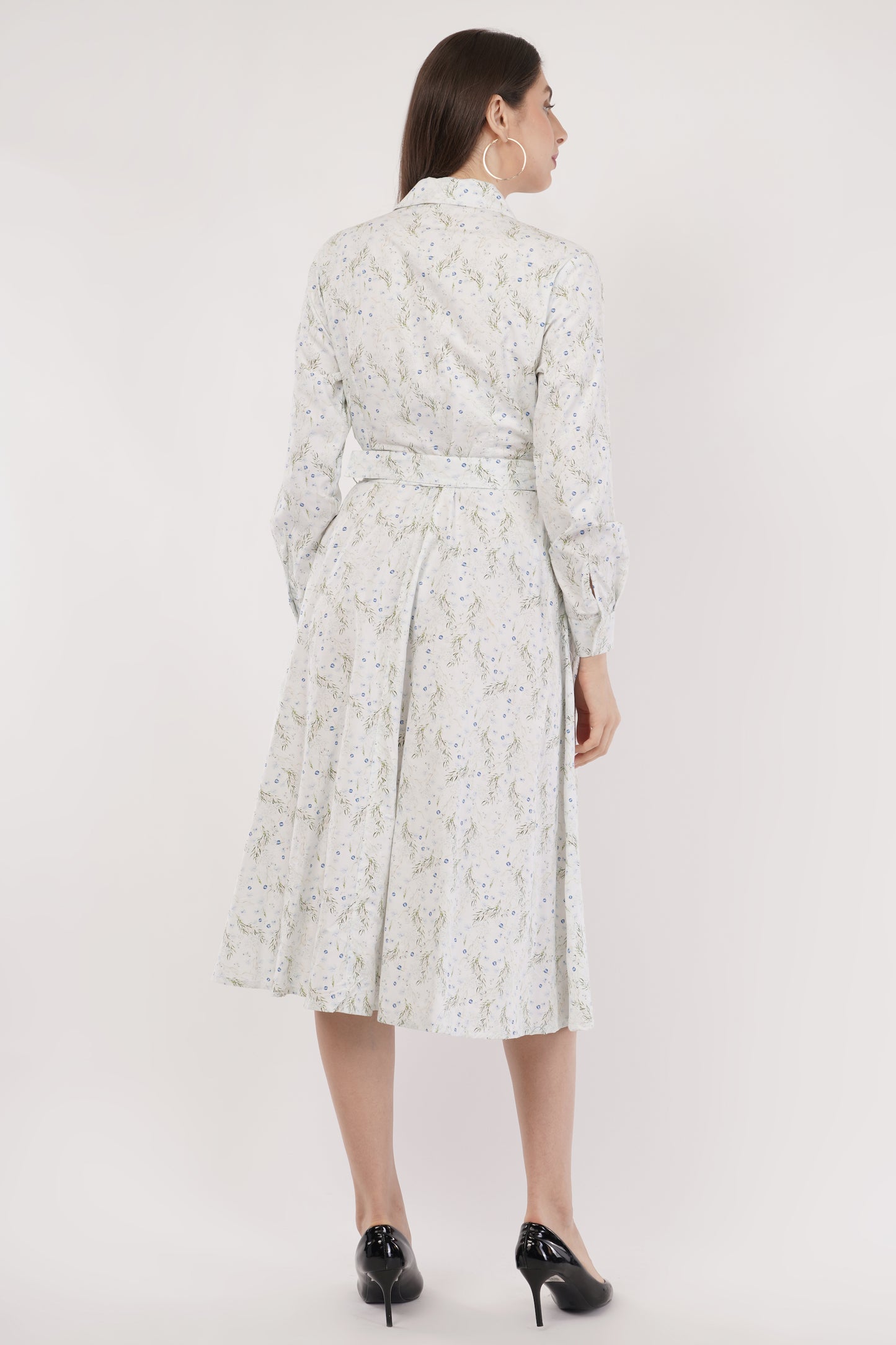 Pearl Blue Floral Cotton Midi Dress with Belt & Long Sleeves