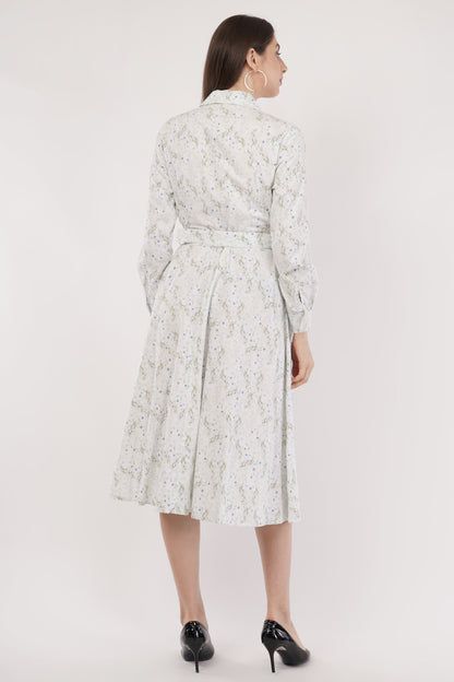 Pearl Blue Floral Cotton Midi Dress with Belt & Long Sleeves