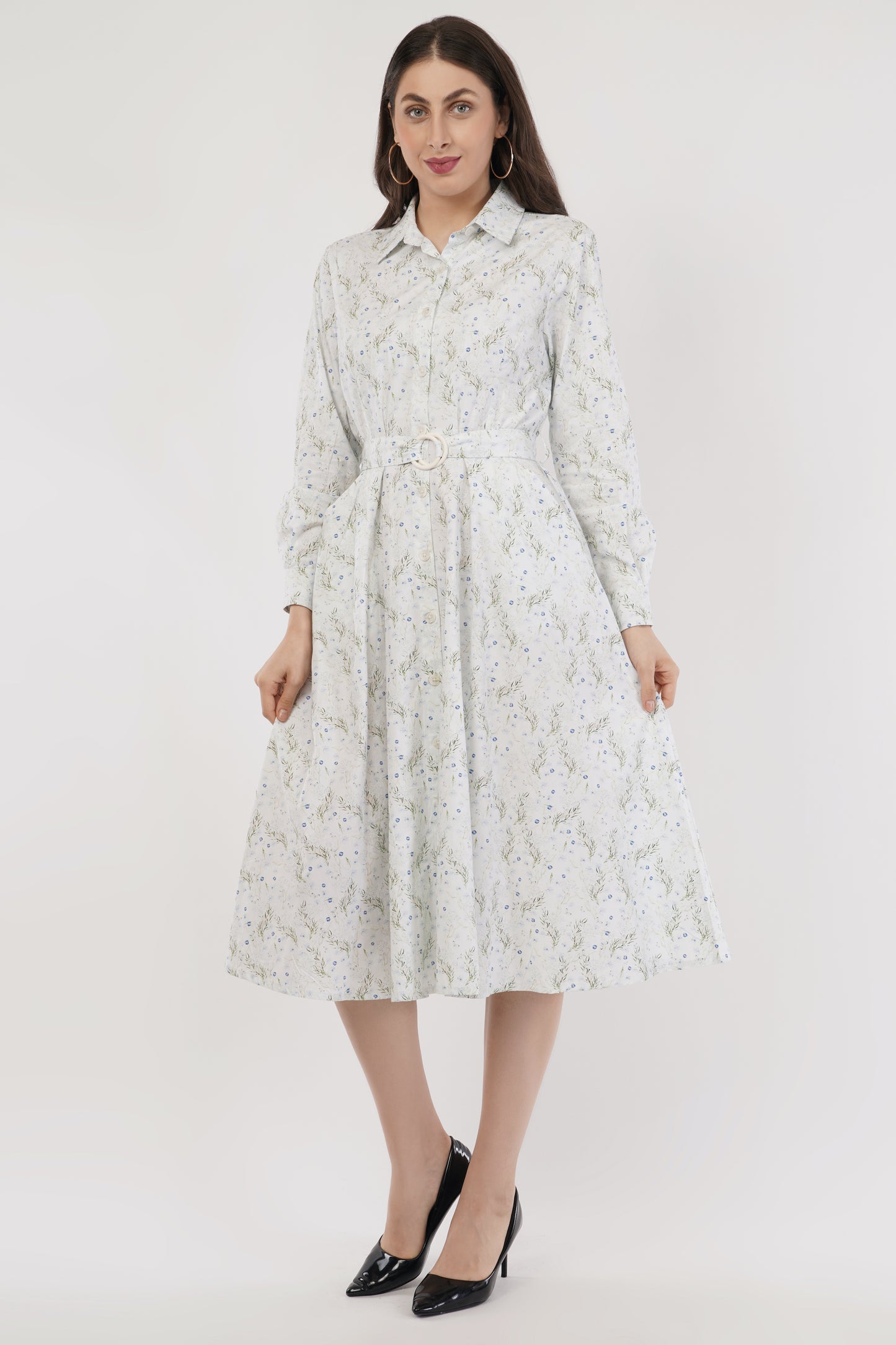 Pearl Blue Floral Cotton Midi Dress with Belt & Long Sleeves