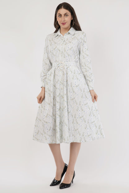 Pearl Blue Floral Cotton Midi Dress with Belt & Long Sleeves