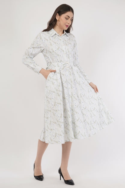 Pearl Blue Floral Cotton Midi Dress with Belt & Long Sleeves