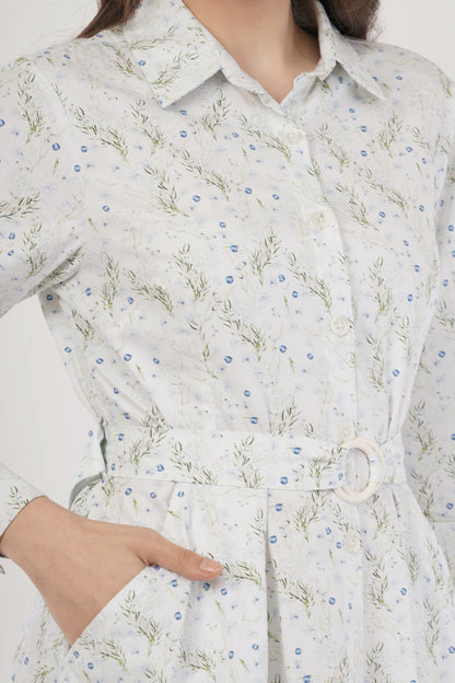 Pearl Blue Floral Cotton Midi Dress with Belt & Long Sleeves