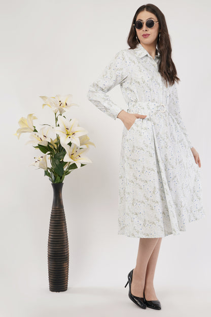 Pearl Blue Floral Cotton Midi Dress with Belt & Long Sleeves