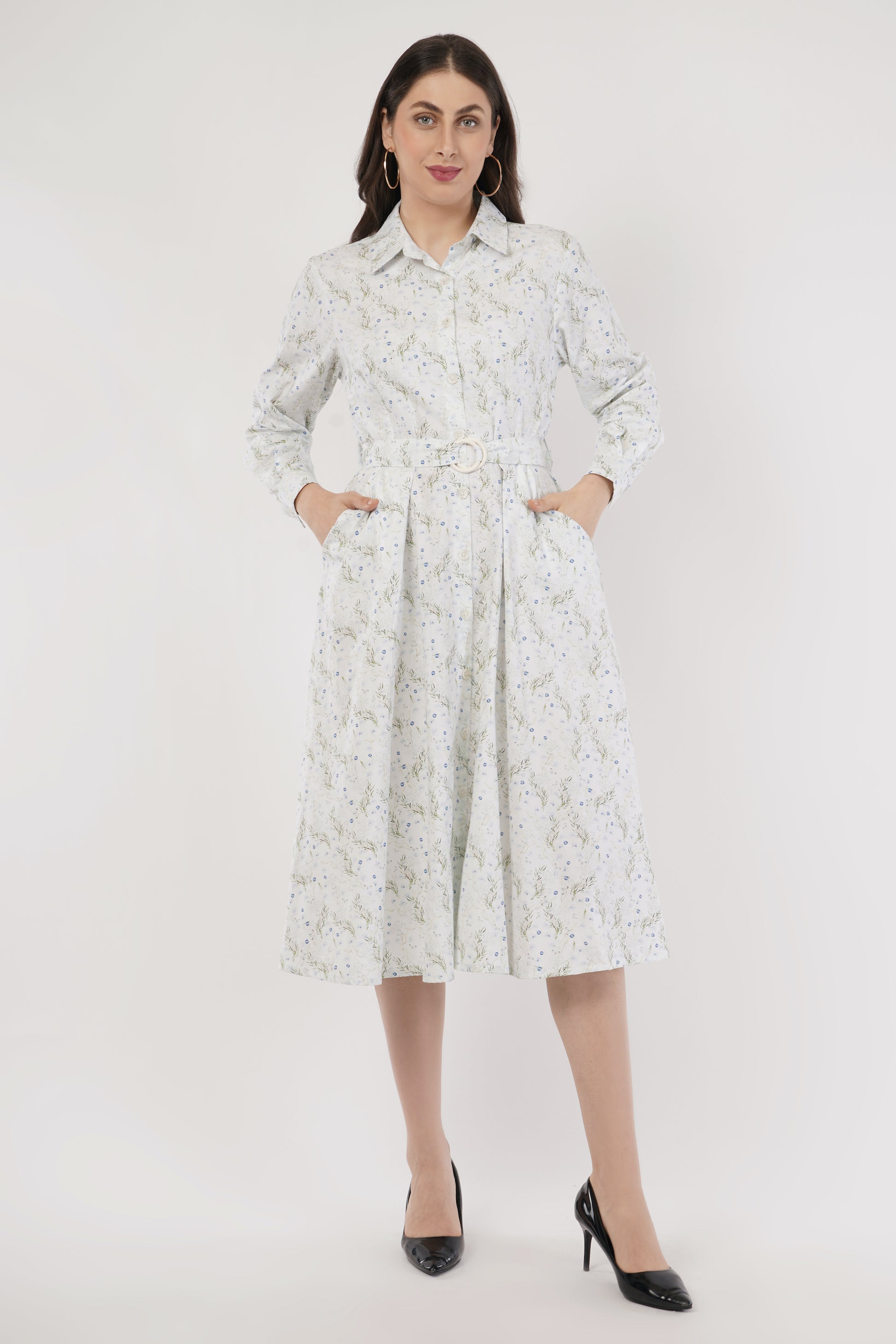 Pearl Blue Floral Cotton Midi Dress with Belt &amp; Long Sleeves