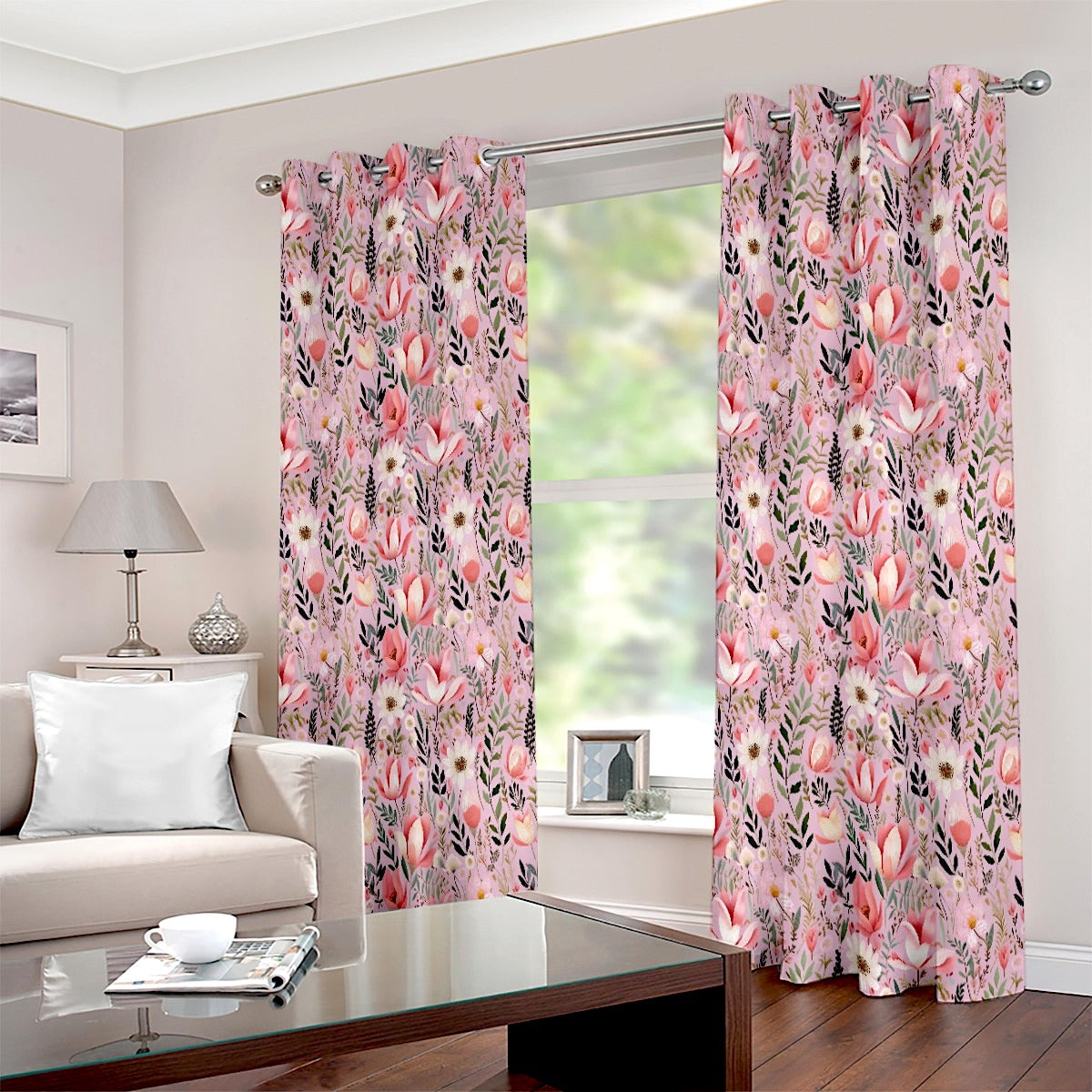 Pink Floral Bohemian Style Printed Eyelet Curtain - Adore India   