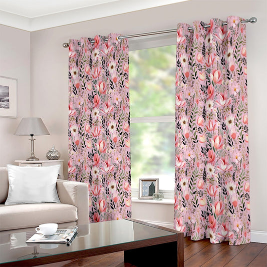 Pink Floral Bohemian Style Printed Eyelet Curtain - Adore India   