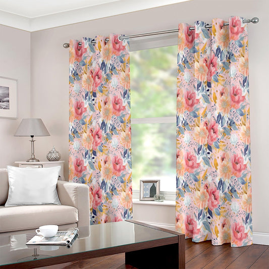 Pink Gold Rose Floral Colourful Printed Curtain Set - Adore India   