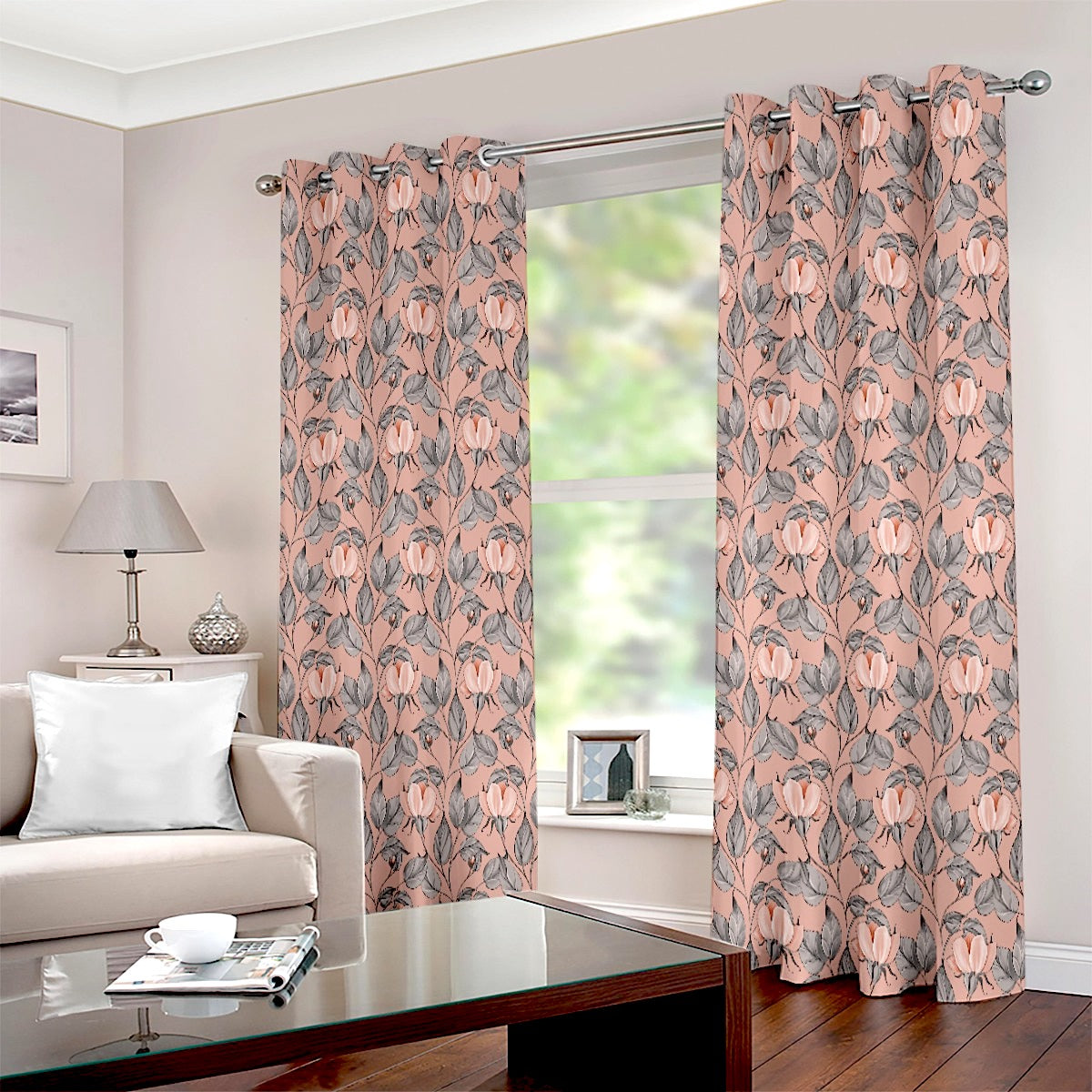 Pink Lotus Floral Bohemian Style Eyelet Curtain - Adore India   