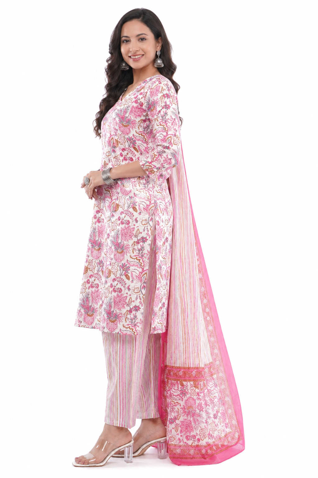 Women Cotton Pink Floral Printed Ethnic 3 Piece Kurta Pant Dupatta Set
