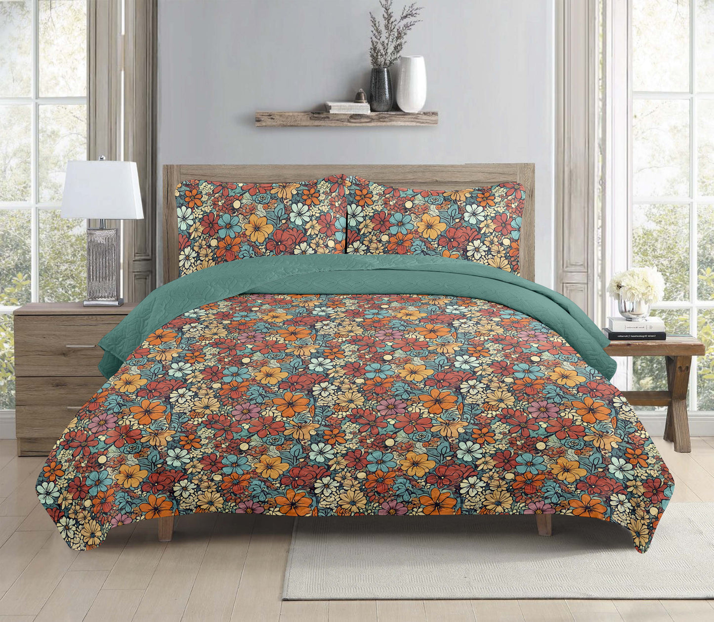 Indian Boho Batik Block Floral Printed Cotton Reversible Summer Lightweight Quilt Set - Adore India   