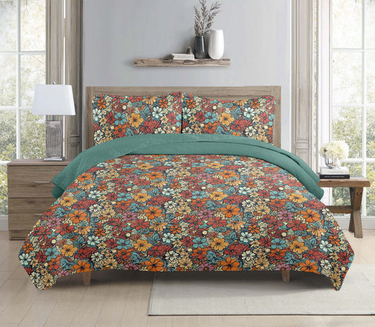Indian Boho Batik Block Floral Printed Cotton Reversible Summer Lightweight Quilt Set - Adore India   