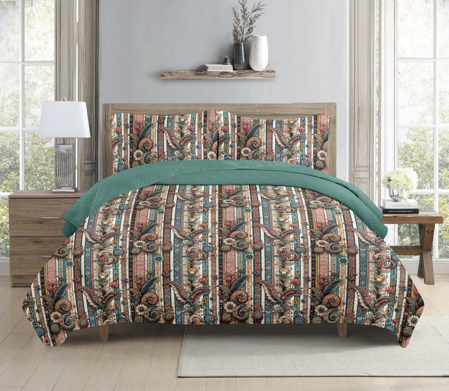 Vintage Stripe Paisley Printed Cotton Reversible Summer Lightweight Bedspread Quilt Set - Adore India   