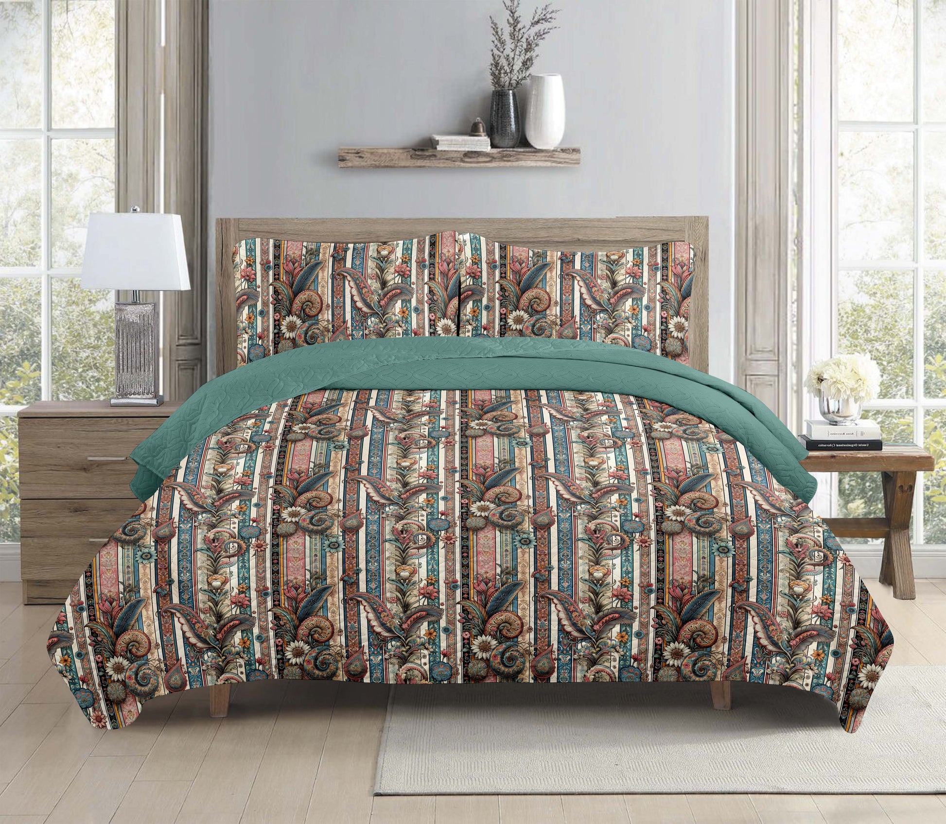 Vintage Stripe Paisley Printed Cotton Reversible Summer Lightweight Bedspread Quilt Set - Adore India   