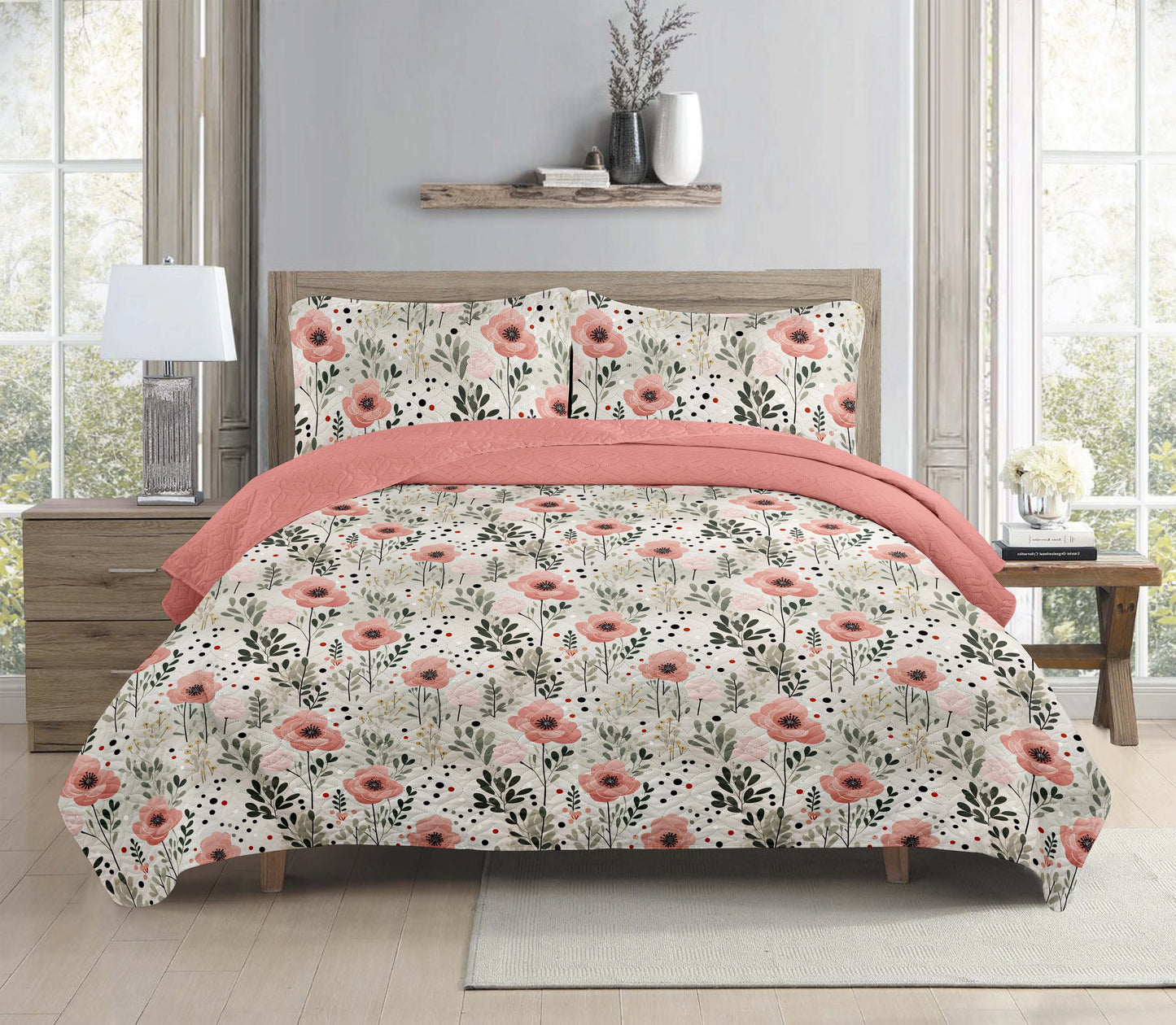 Bohemian Pink Grey Floral Printed Cotton Reversible Summer Lightweight Quilt Set - Adore India   