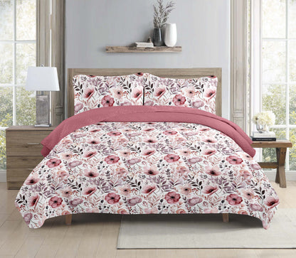Bohemian Rose Pink Floral Printed Cotton Reversible Summer Lightweight Quilt Set - Adore India   
