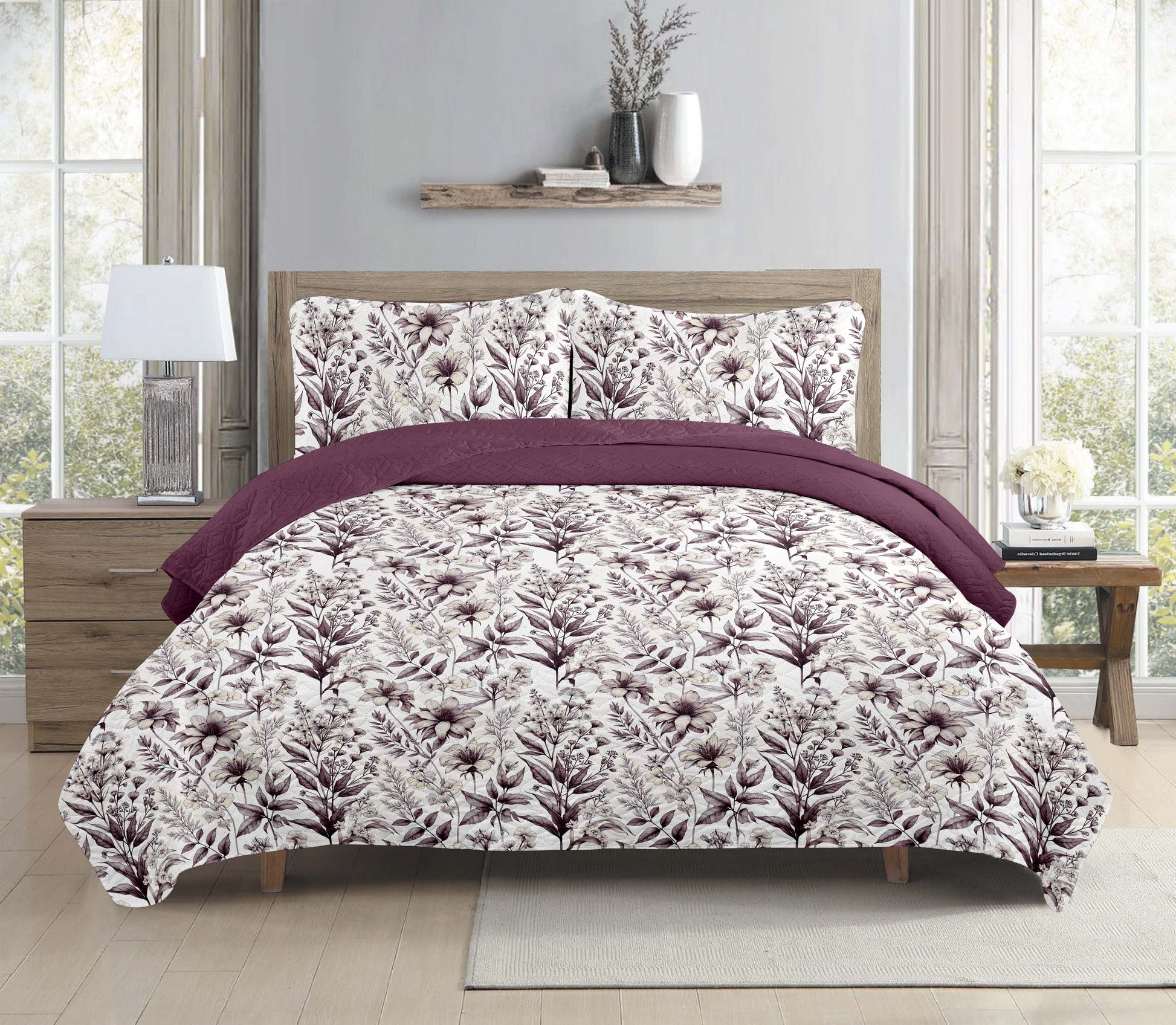 Burgundy Autumn Floral Printed Cotton Reversible Summer Lightweight Quilt Set - Adore India   