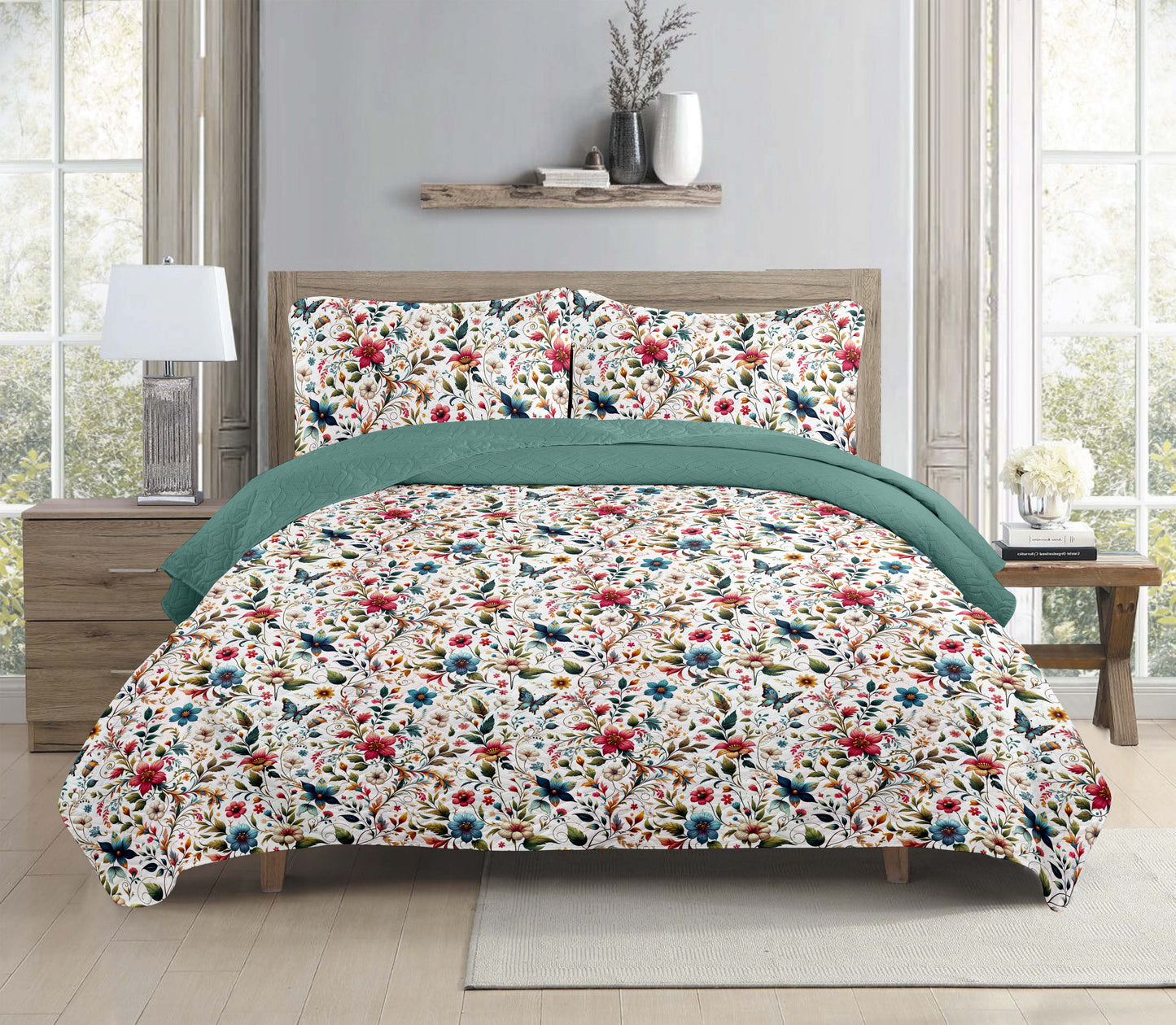 Boho Dream Floral Printed Cotton Reversible Summer Lightweight Quilt Set - Adore India   