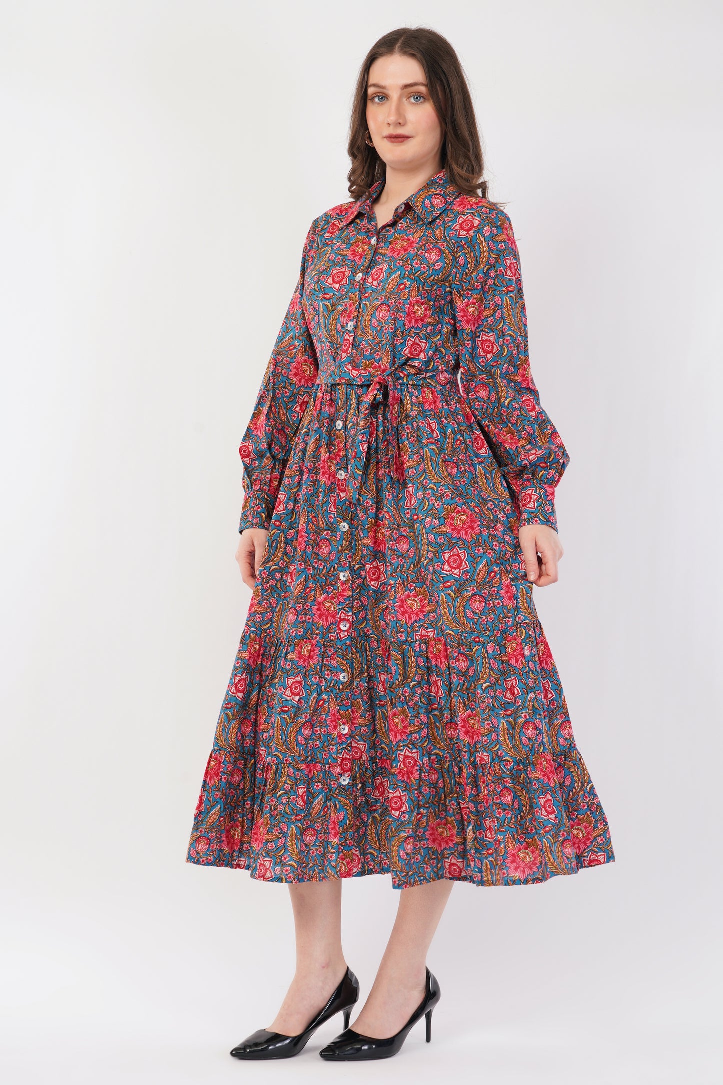 Hand Block Printed Teal Floral Garden Cotton Long Sleeve Dress