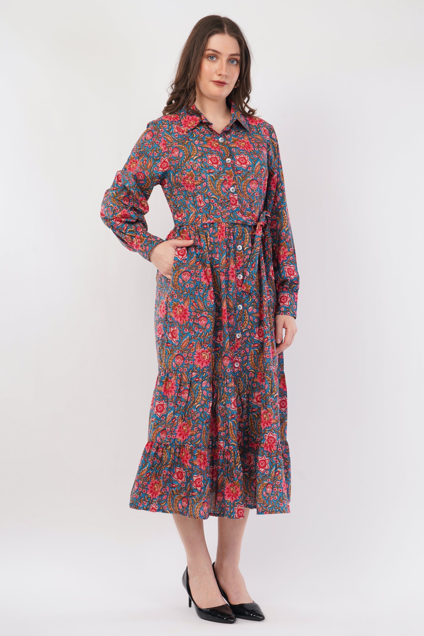 Hand Block Printed Teal Floral Garden Cotton Long Sleeve Dress