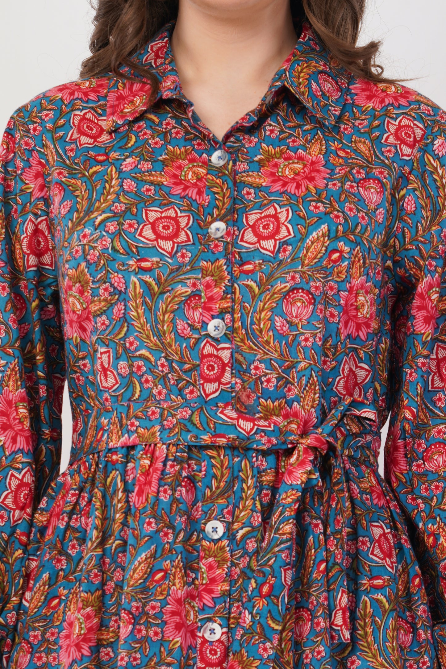 Hand Block Printed Teal Floral Garden Cotton Long Sleeve Dress