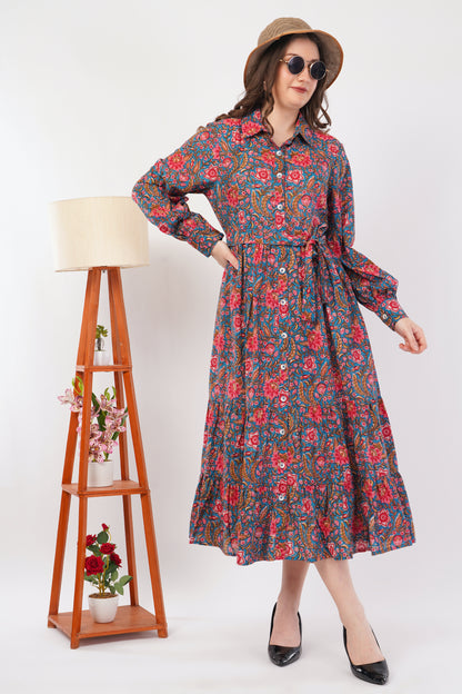 Hand Block Printed Teal Floral Garden Cotton Long Sleeve Dress