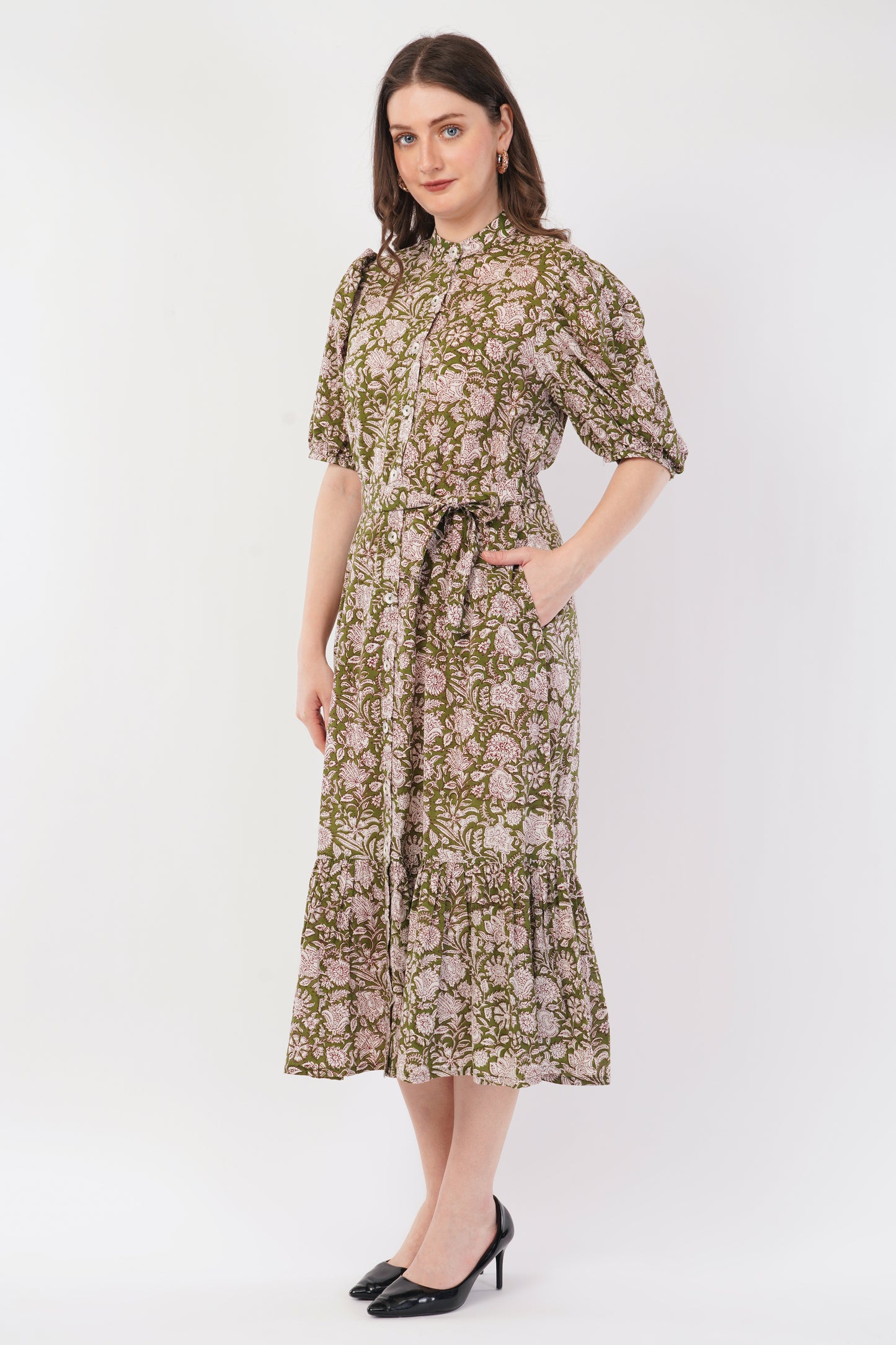 Hand Block Printed Olive Floral Cotton Shirt Bohemian Dress