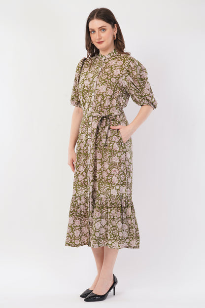 Hand Block Printed Olive Floral Cotton Shirt Bohemian Dress