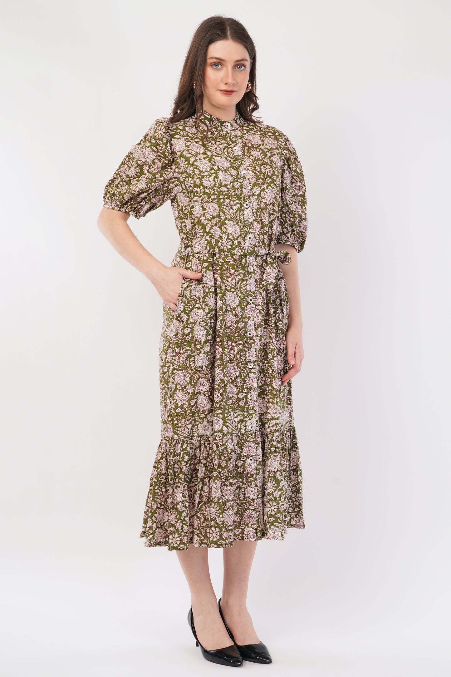 Hand Block Printed Olive Floral Cotton Shirt Bohemian Dress