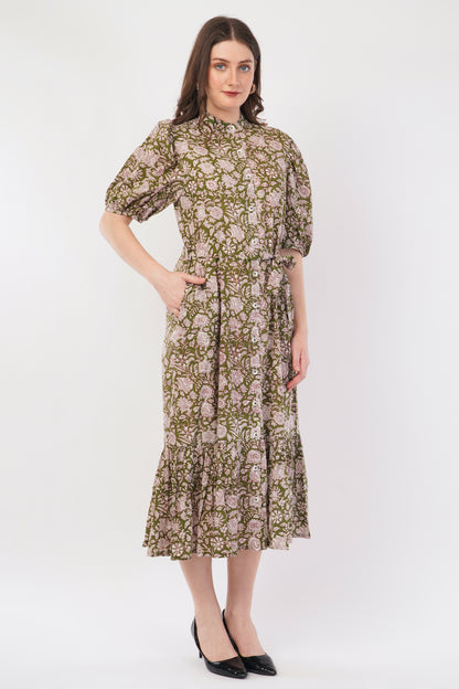 Hand Block Printed Olive Floral Cotton Shirt Bohemian Dress