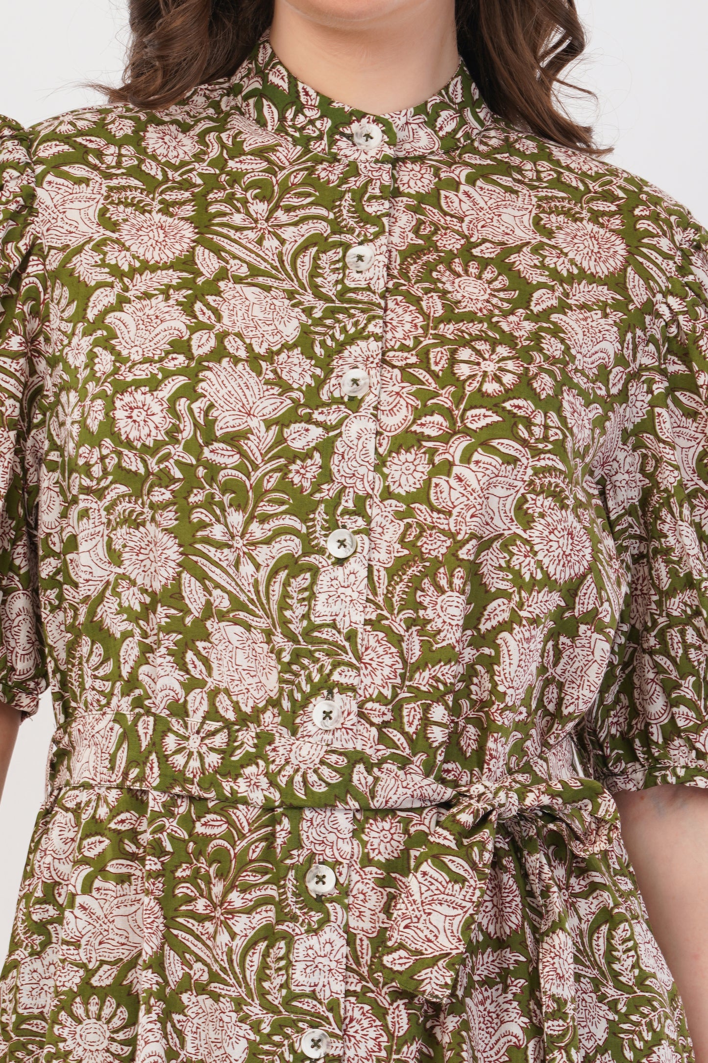 Hand Block Printed Olive Floral Cotton Shirt Bohemian Dress