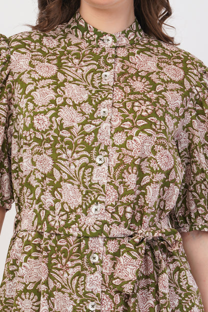 Hand Block Printed Olive Floral Cotton Shirt Bohemian Dress