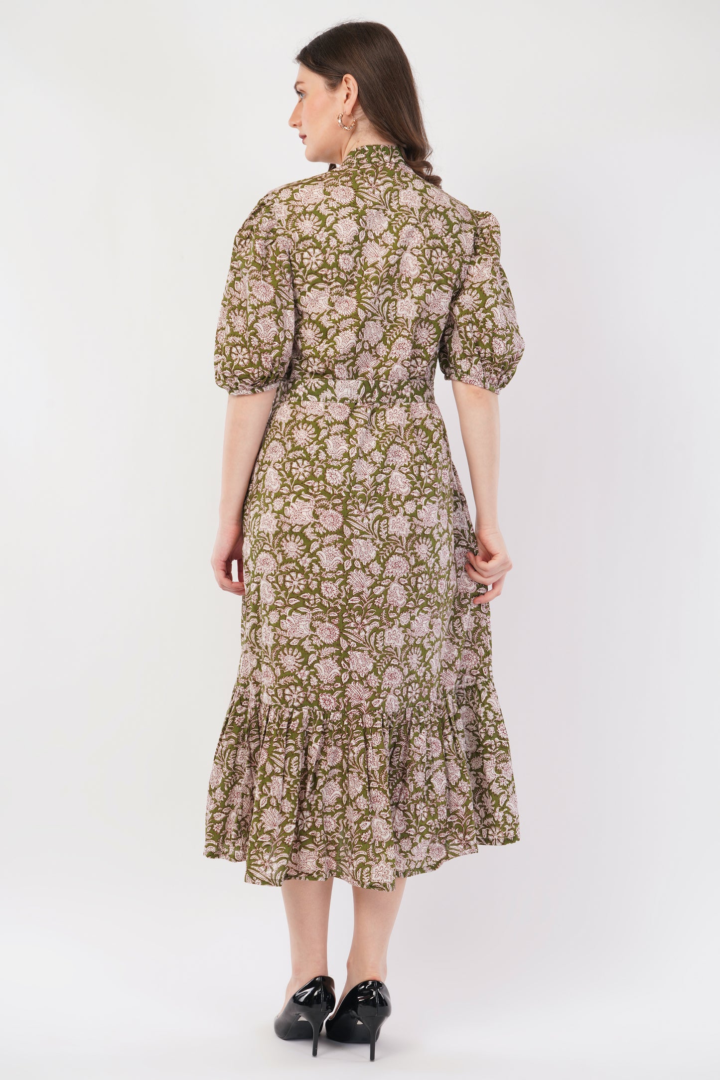 Hand Block Printed Olive Floral Cotton Shirt Bohemian Dress