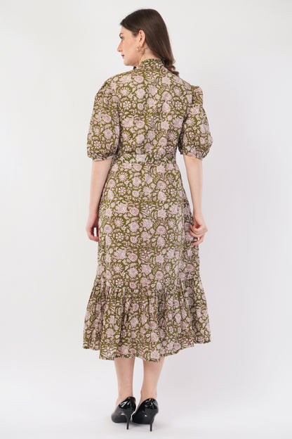 Hand Block Printed Olive Floral Cotton Shirt Bohemian Dress