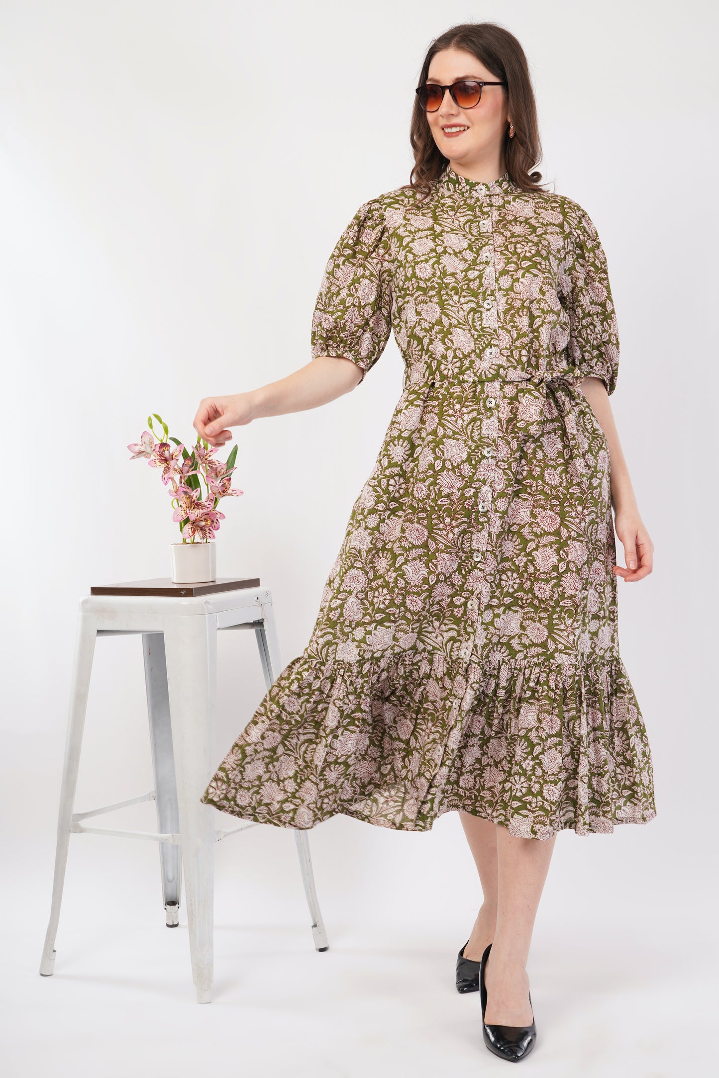 Hand Block Printed Olive Floral Cotton Shirt Bohemian Dress