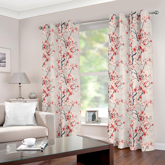 Red Cherry Blossom Floral Printed Curtain Set - Adore India   