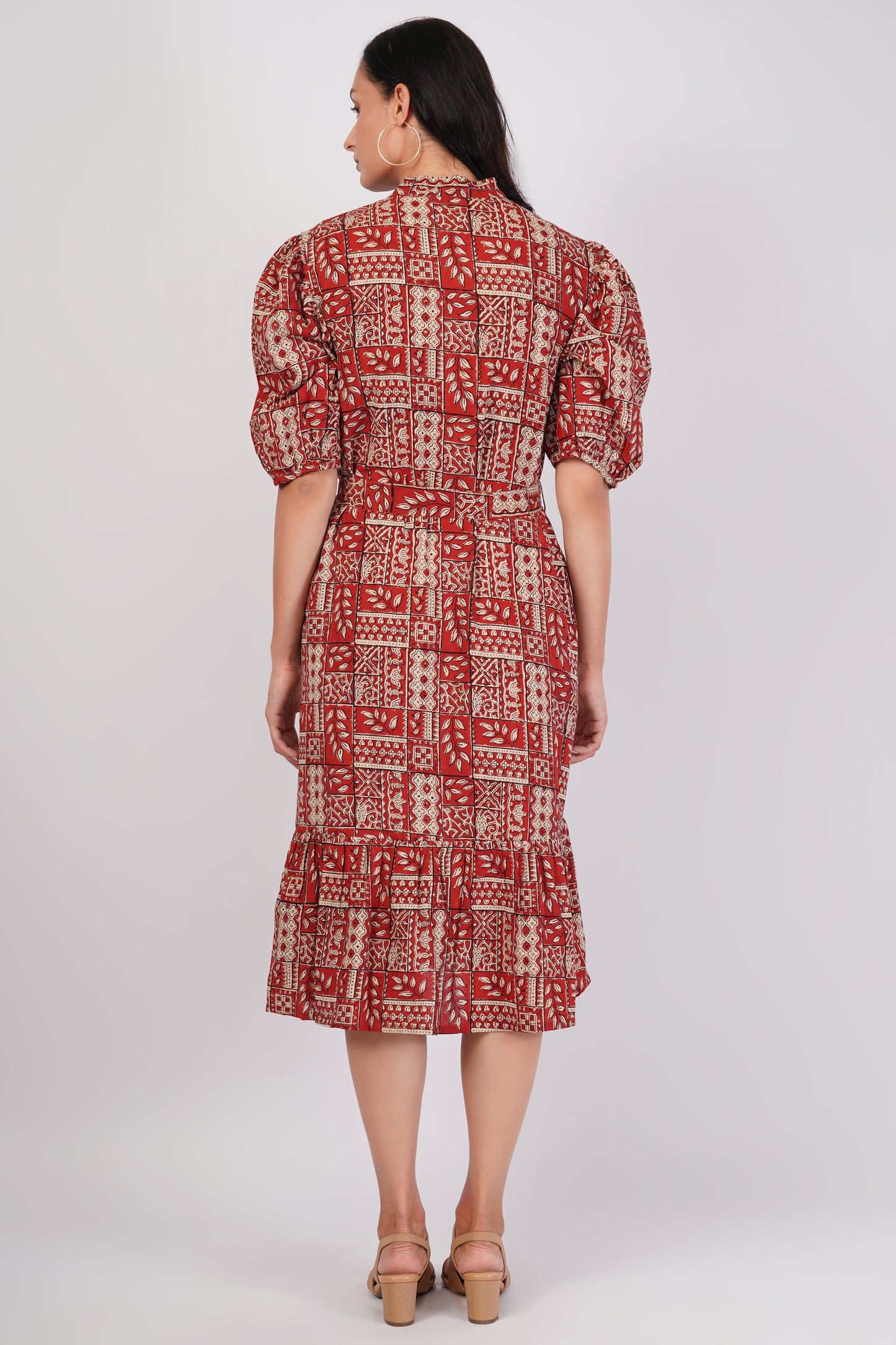 Rust Riwaayat Long Cotton Traditional Hand Block Printed Tiered Dress