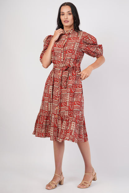 Rust Riwaayat Long Cotton Traditional Hand Block Printed Tiered Dress