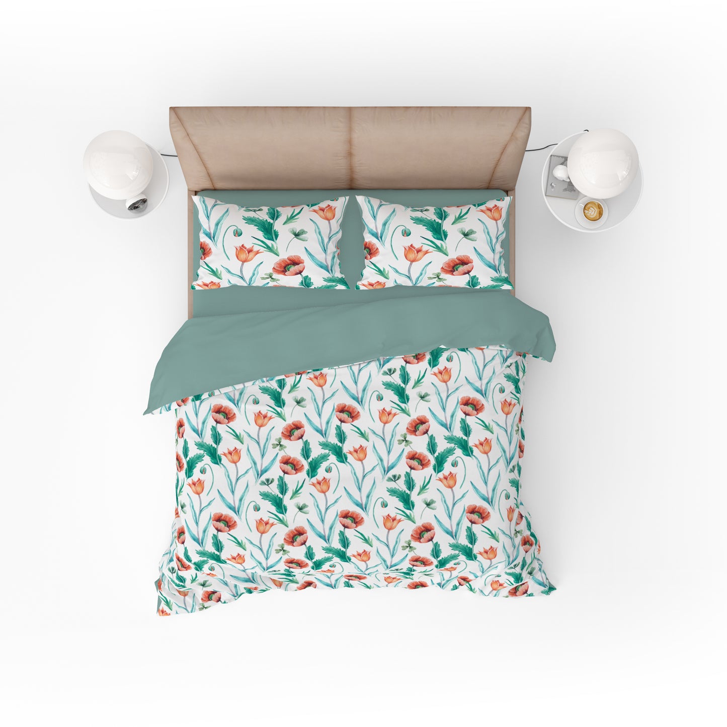 Rose Floral Quilt Cover Set - Serene Blooms on White with Teal and Green Accents - Adore India   