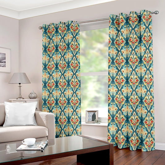 Royal Teal Gold Floral Printed Curtain Set - Adore India   