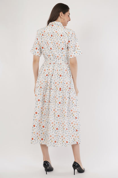 Ruby White Floral Cotton Midi Dress with Belt & Short Sleeves