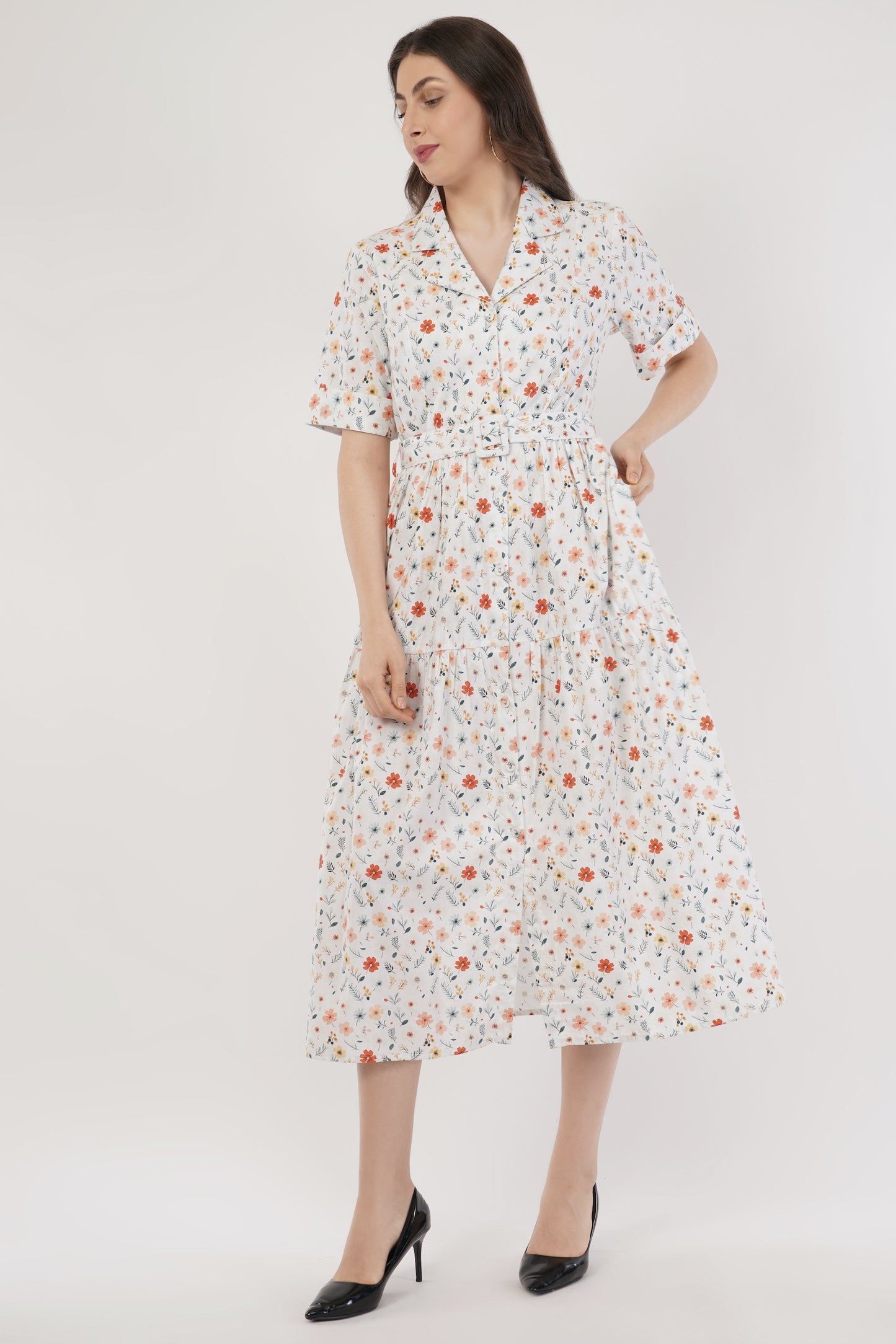Ruby White Floral Cotton Midi Dress with Belt & Short Sleeves