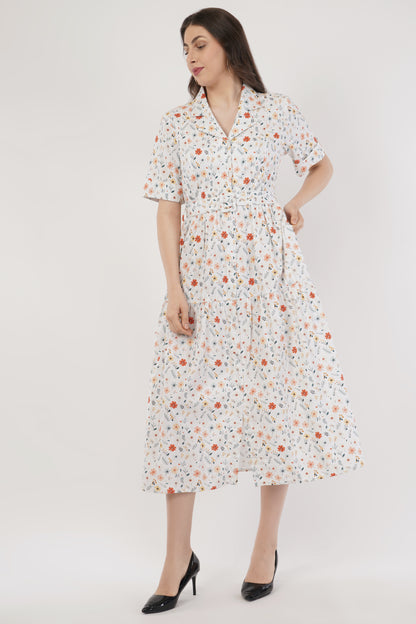 Ruby White Floral Cotton Midi Dress with Belt & Short Sleeves