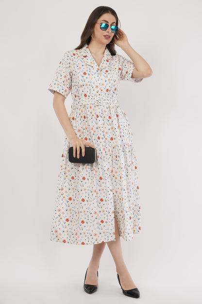 Ruby White Floral Cotton Midi Dress with Belt & Short Sleeves