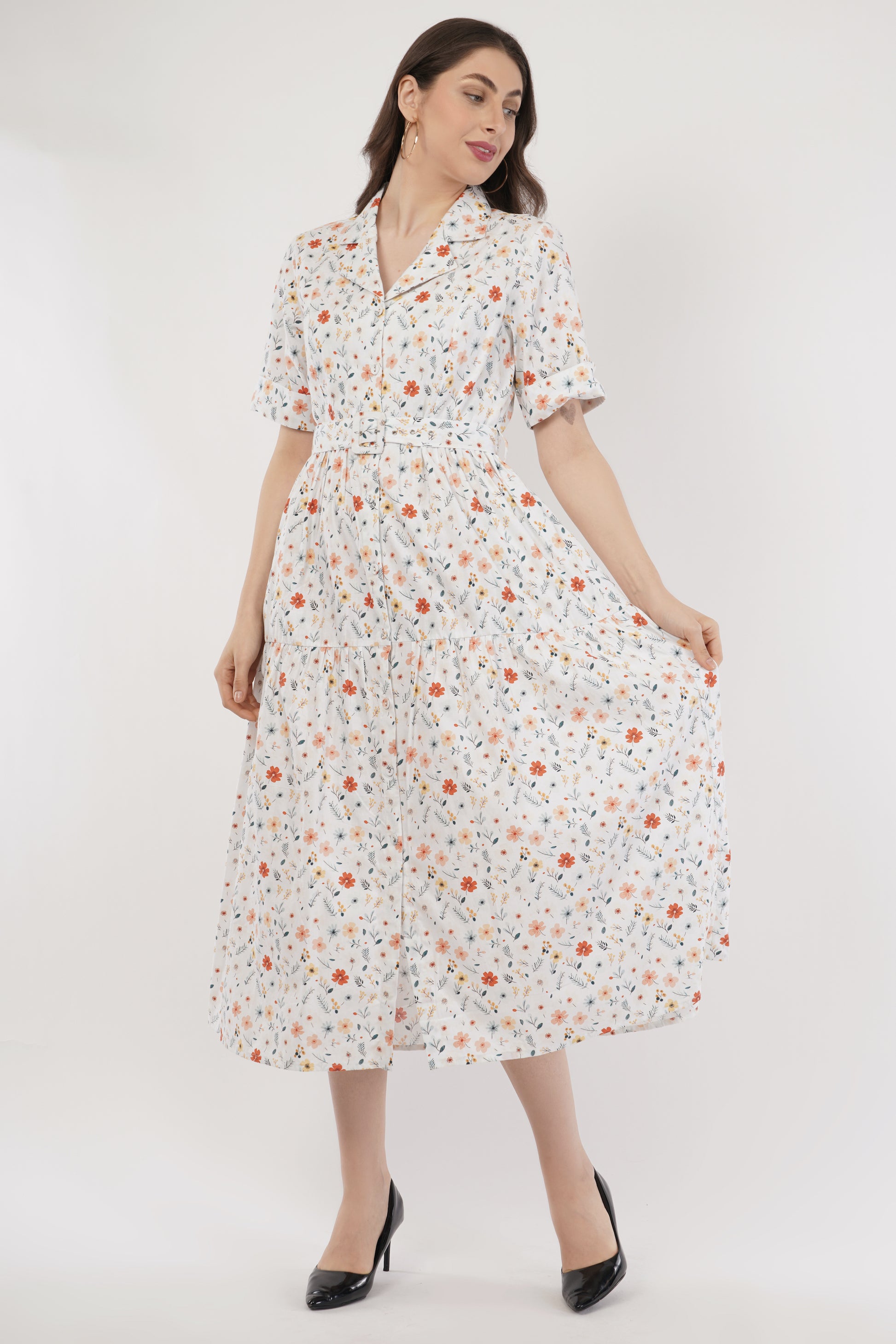 Ruby White Floral Cotton Midi Dress with Belt & Short Sleeves