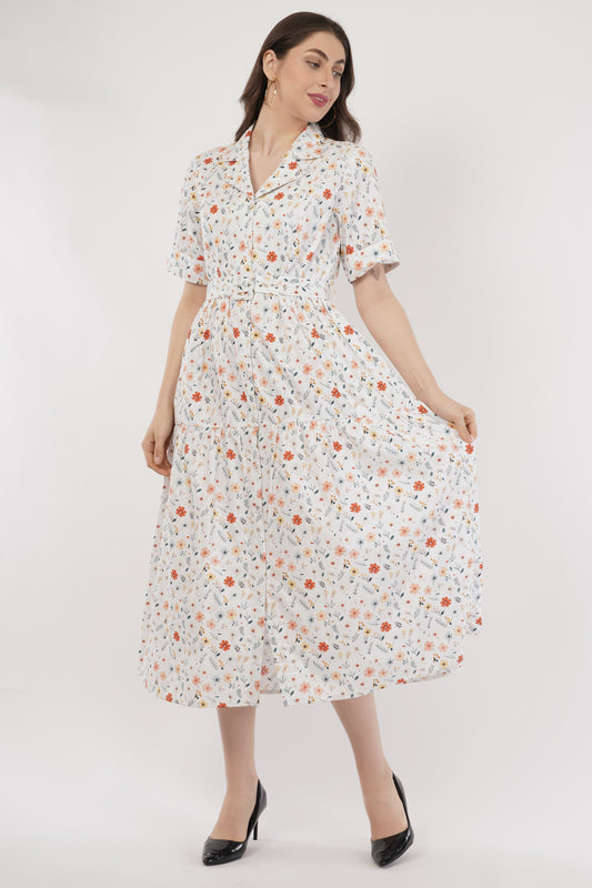 Ruby White Floral Cotton Midi Dress with Belt & Short Sleeves