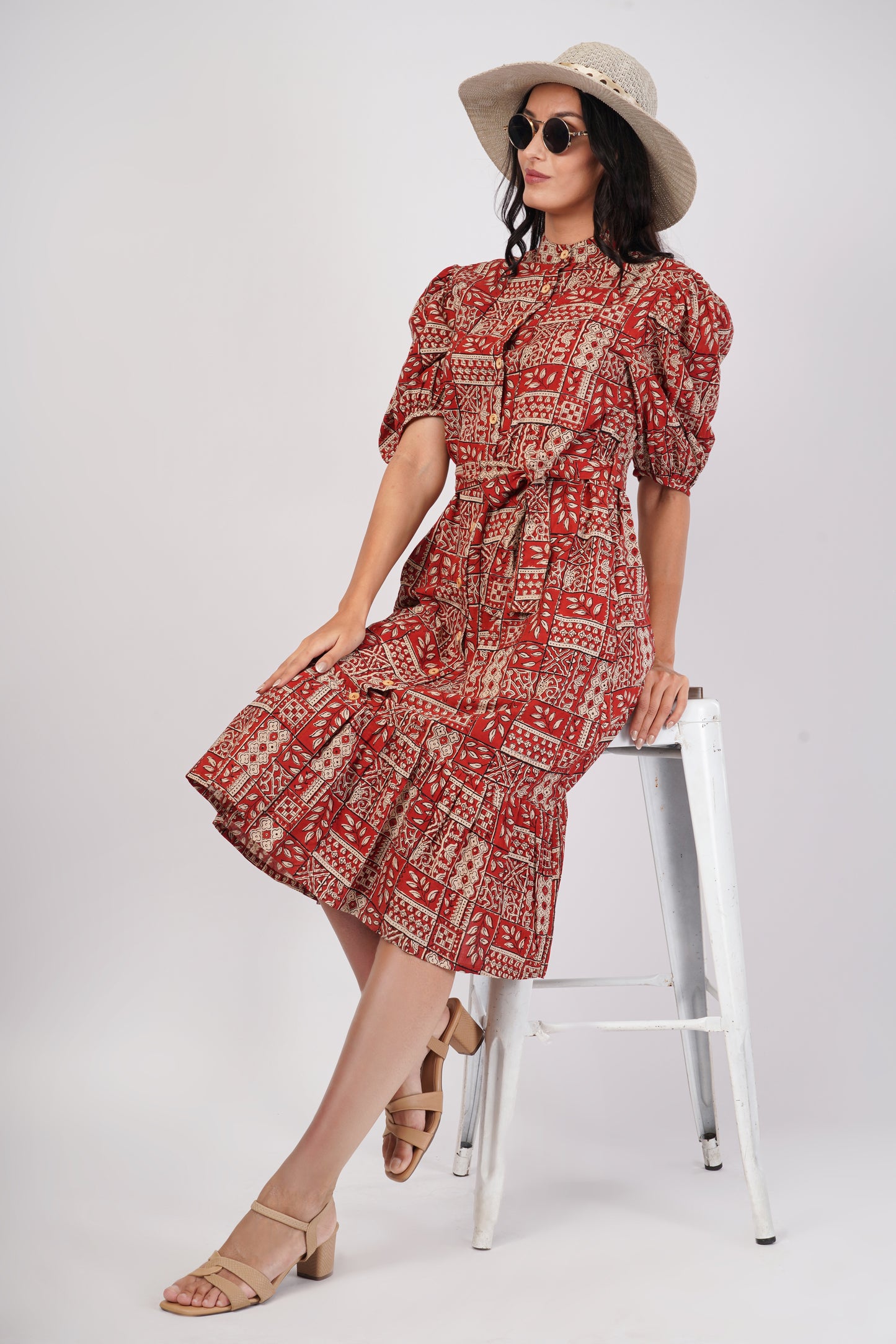 Rust Riwaayat Long Cotton Traditional Hand Block Printed Tiered Dress