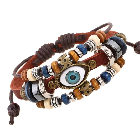Boho Gypsy Style Multi Colour Leather Unisex Adjustable Rope Eye Bracelet - 2Pcs - Adore India   