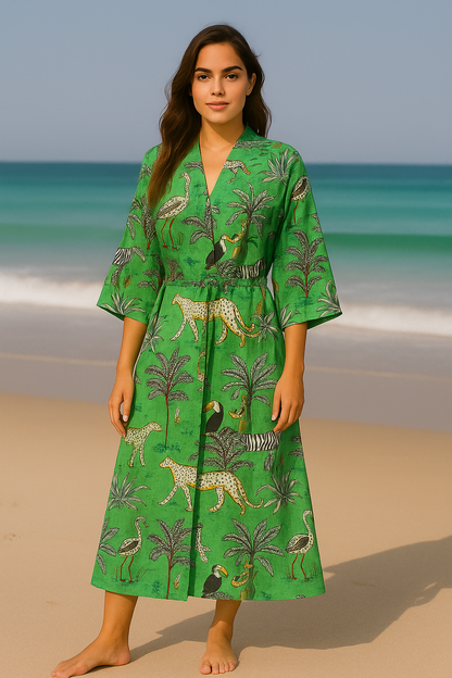 Cotton Safari Animal Printed Green Kimono Kaftan Bathrobe