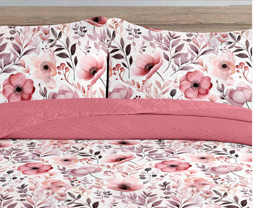 Bohemian Rose Pink Floral Printed Cotton Reversible Summer Lightweight Quilt Set - Adore India   